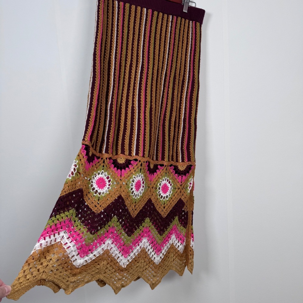 SO Goods For Life Crochet Midi Skirt L Boho Granny Square Hippie Brown Festival